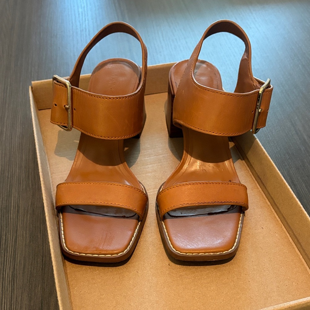 Mango Tan Leather Block Heel Sandals